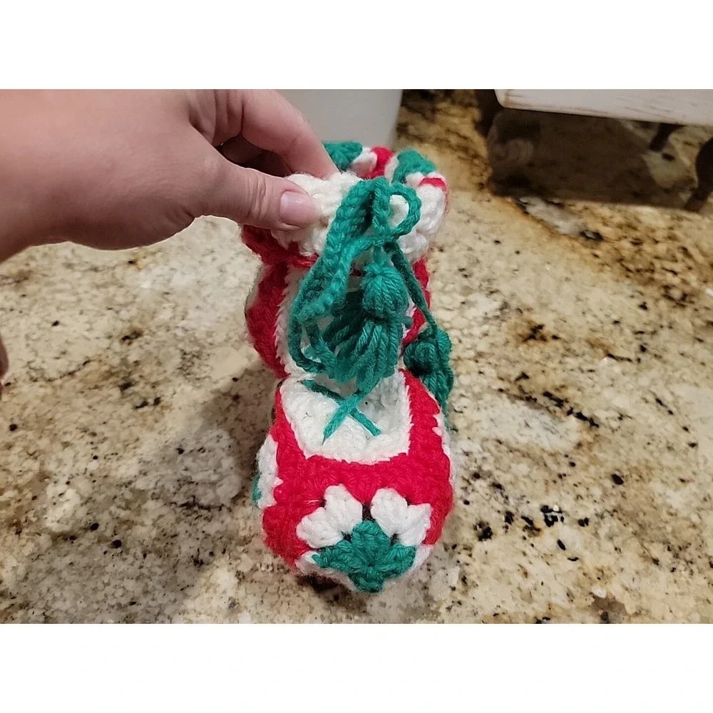 Vintage Granny Square Christmas Stocking Hand Crochet Red White Green Mini